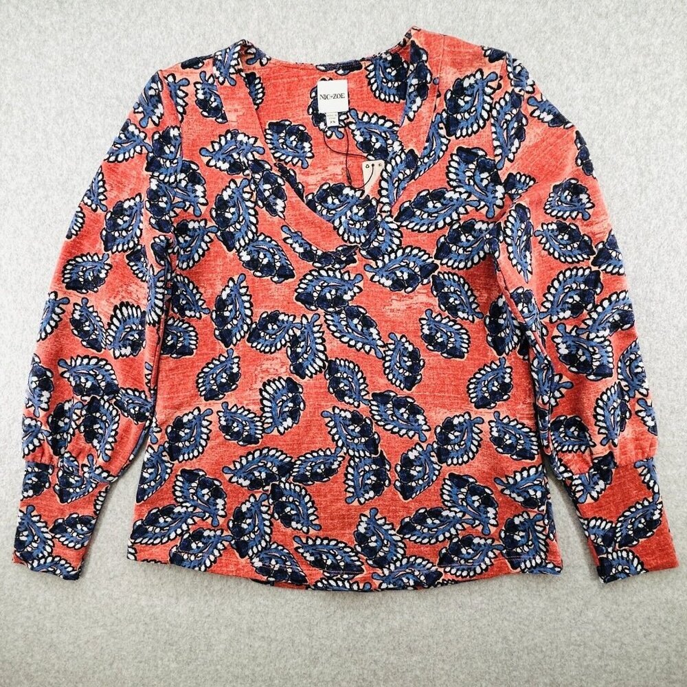 NWT Nic + Zoe Amber Blues Top Size XS Long Sleeve V-Neckline Cotton Span Terry